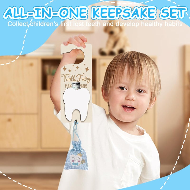 AINBIN Tooth Fairy Tooth Holder, Tooth Fairy Door Hanger with Money Slot, Keepsake Bottle & Burlap Pouch for Lost Teeth, Encourage Gift for Boys Girls, Blue - Image 3
